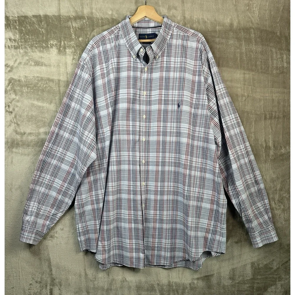 Ralph Lauren Men's 3XLT Blue Red White Plaid Polo Pony Button-Up Stretch Shirt